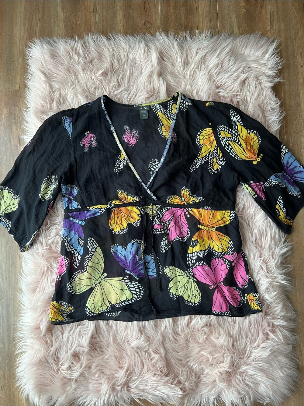 Dots Black V-Neck Tunic with Multicolor Butterfly Print Sequins Plus Size